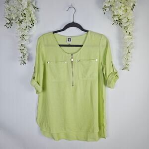Anne Klein Lime Green Linen Blend Zip Front Coastal Blouse Beachy Small Airy